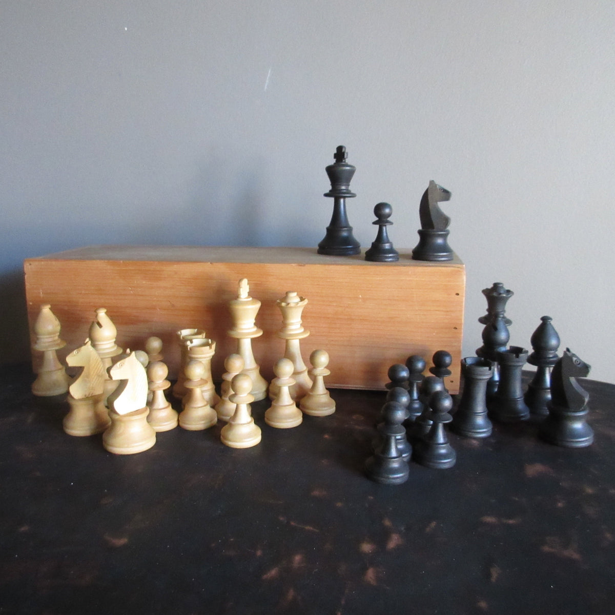 Antique Wooden Chess Pieces in Original retailer Dovetailed Box