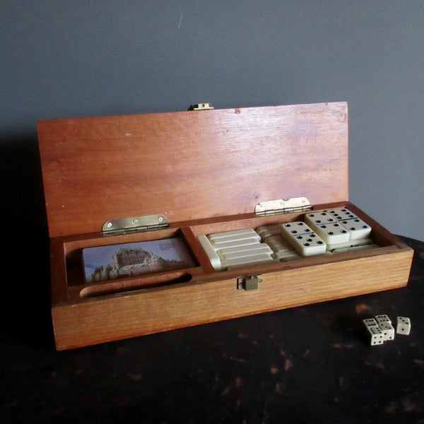 Vintage Wooden Cribbage Board Box With Dominos & Cards