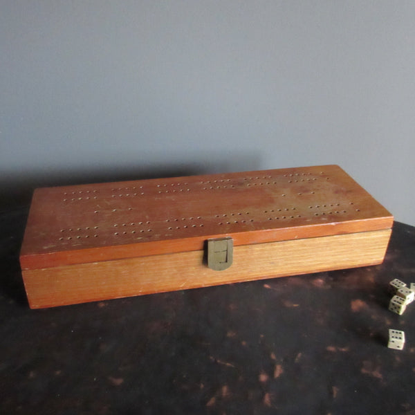 Vintage Wooden Cribbage Board Box With Dominos & Cards