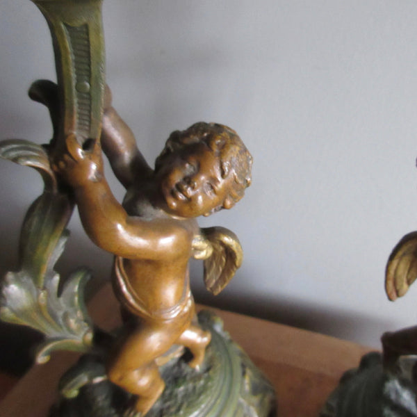 French Cherub Candle Sticks Fabrication Francaise Paris Spelter