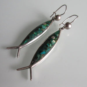 Vintage Turquoise Colour & Sterling Silver Fish Earrings