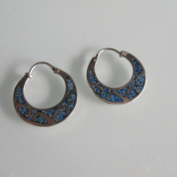 Navajo Style Sterling Silver & Turqoise Hoop Earrings