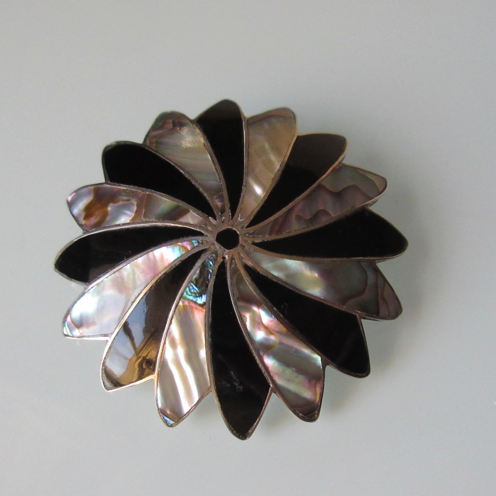 Vintage Mexican Sterling Silver Abalone & Onyx Brooch
