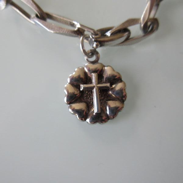 Vintage Textured Link Sterling Silver Bracelet With Cross Charm