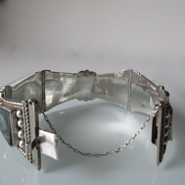 Sterling Silver & Mother of Pearl Hinged Panel Bracelet Taxco