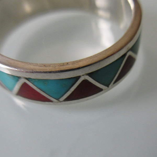 Navajo Triangle Coral & Turquoise Sterling Silver Ring