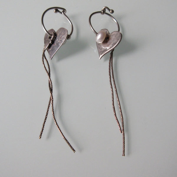 Contemporary Heart and Pearl Dangle Silver Earrings
