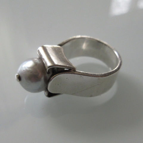Modernist Sterling Silver with Pearl Ring