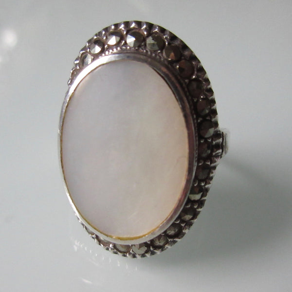 Vintage Marcasite Mother of Pearl Sterling Silver Ring