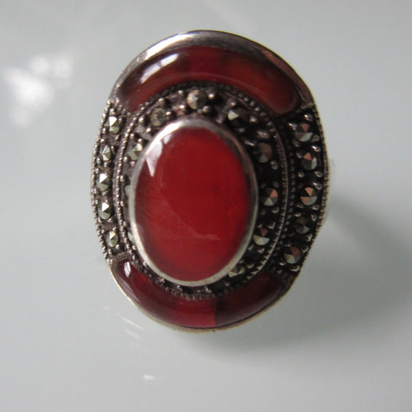 Vintage Marcasite Jasper Sterling Silver Ring