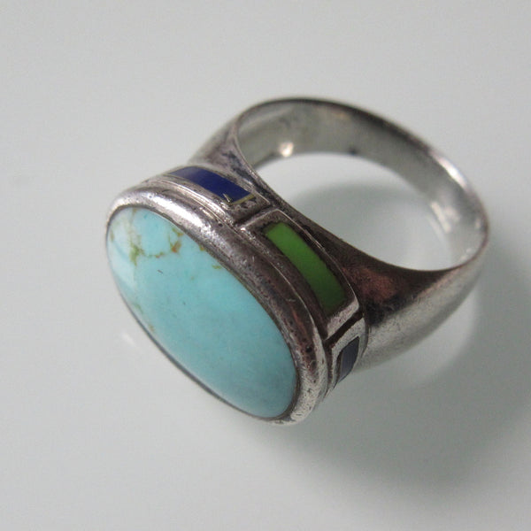 Oval Turquoise, Side Stones and Sterling Silver Ring
