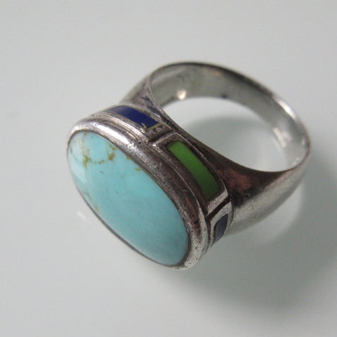 Oval Turquoise, Side Stones and Sterling Silver Ring