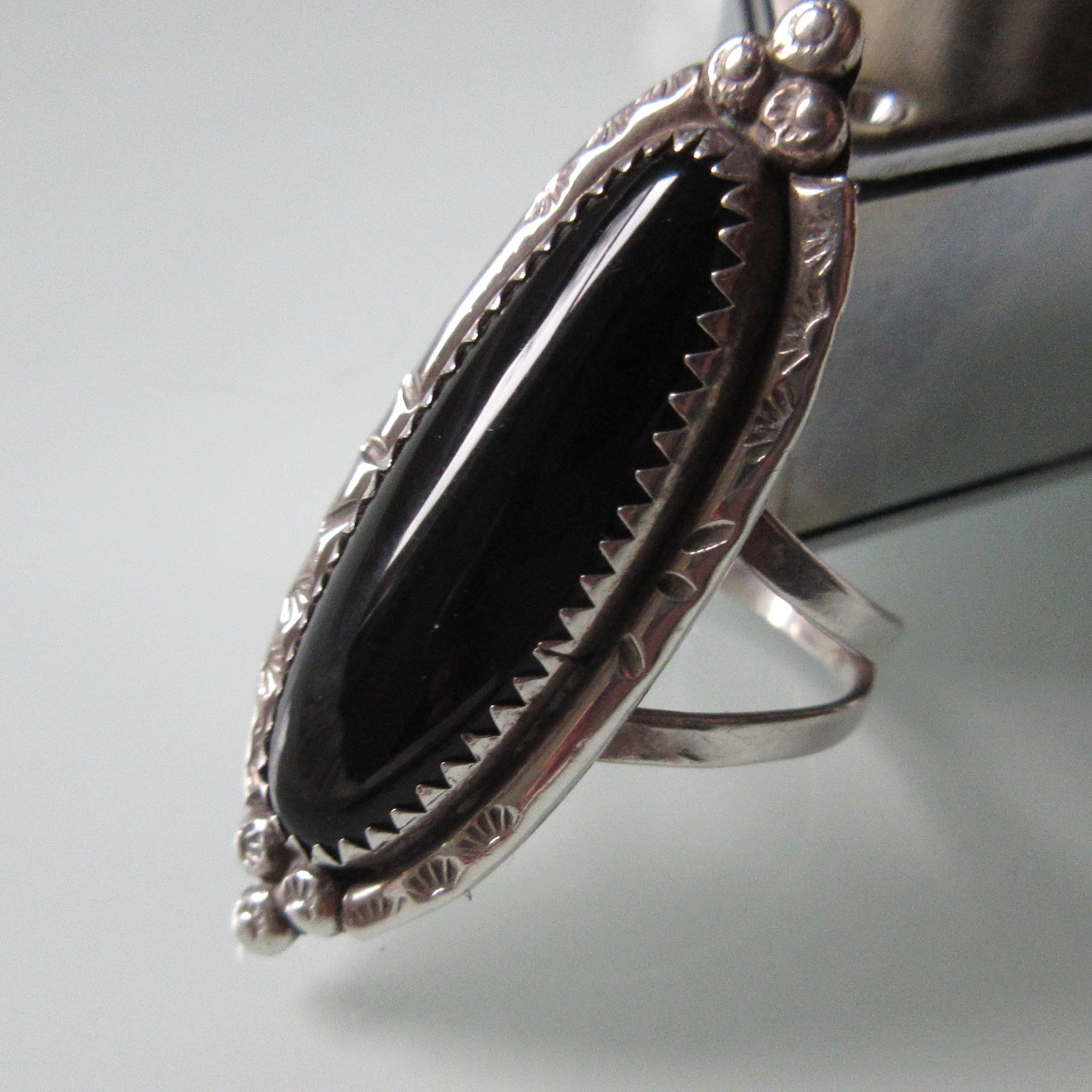 Navajo Old Pawn Sterling and Onyx Ring