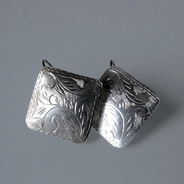 Vintage  Etched Square Sterling Silver Earrings