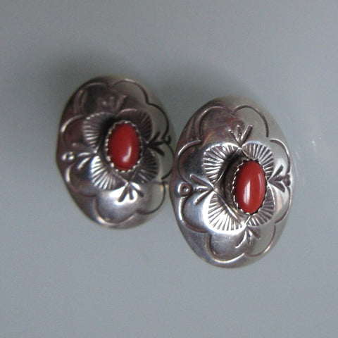 Navajo Sterling and Coral Oval Earrings
