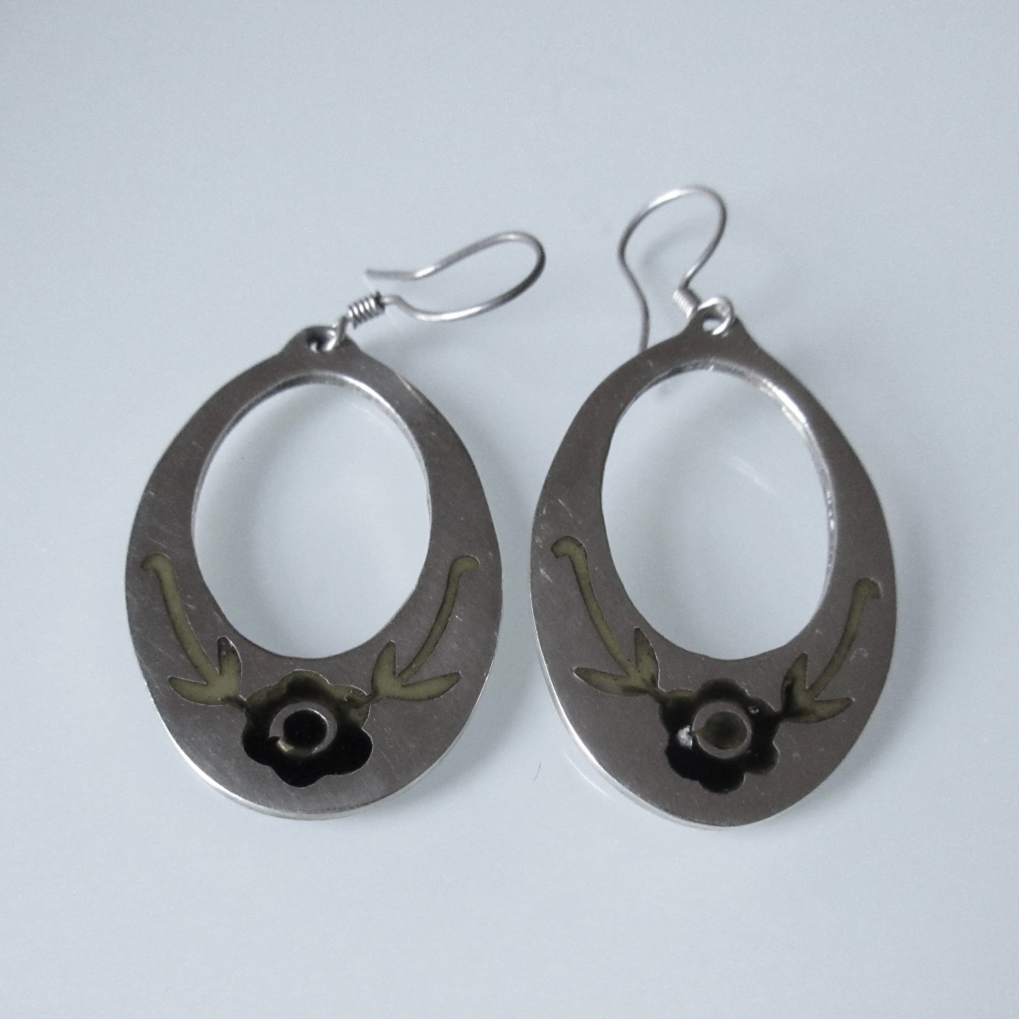 Navajo Style Sterling Silver Inset Flower Hoop Earrings