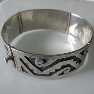 Hinged Sterling Silver Recessed Aztec Bracelet Taxco