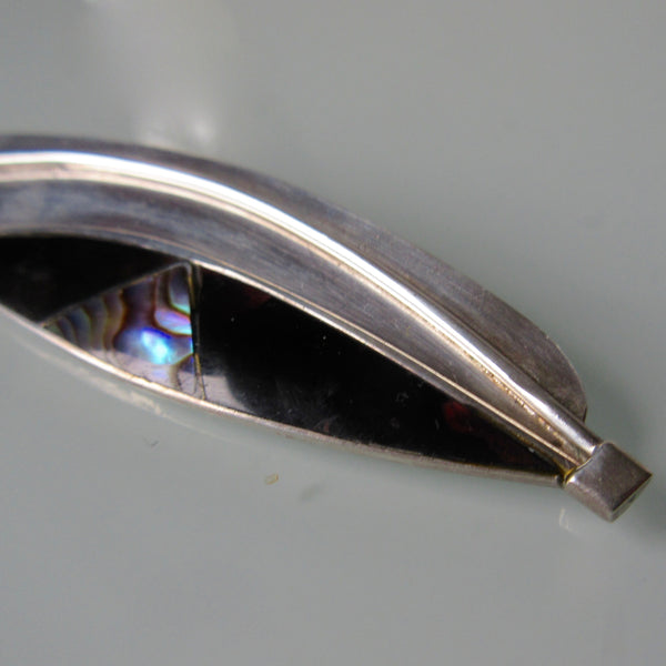 Modernist Silver Leaf Brooch Onyx, Mother of Pearl