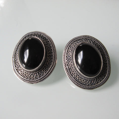 Vintage Silver Filigree Onyx Earrings