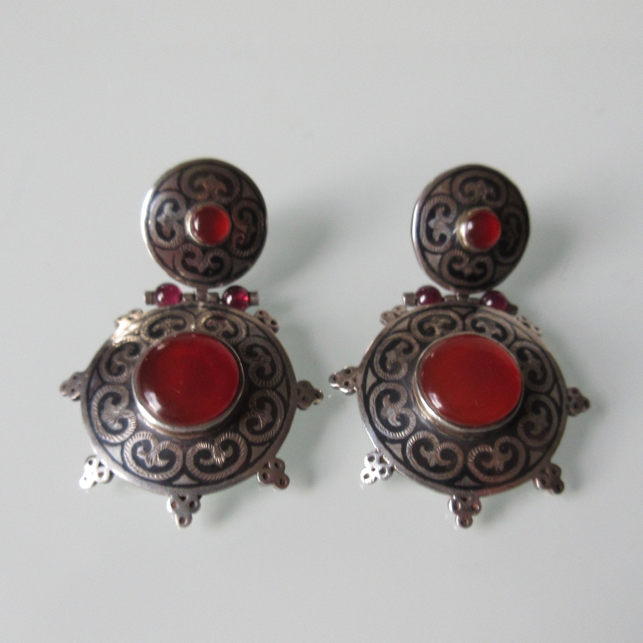 Silver Ethnic Niello Carnelian Earrings