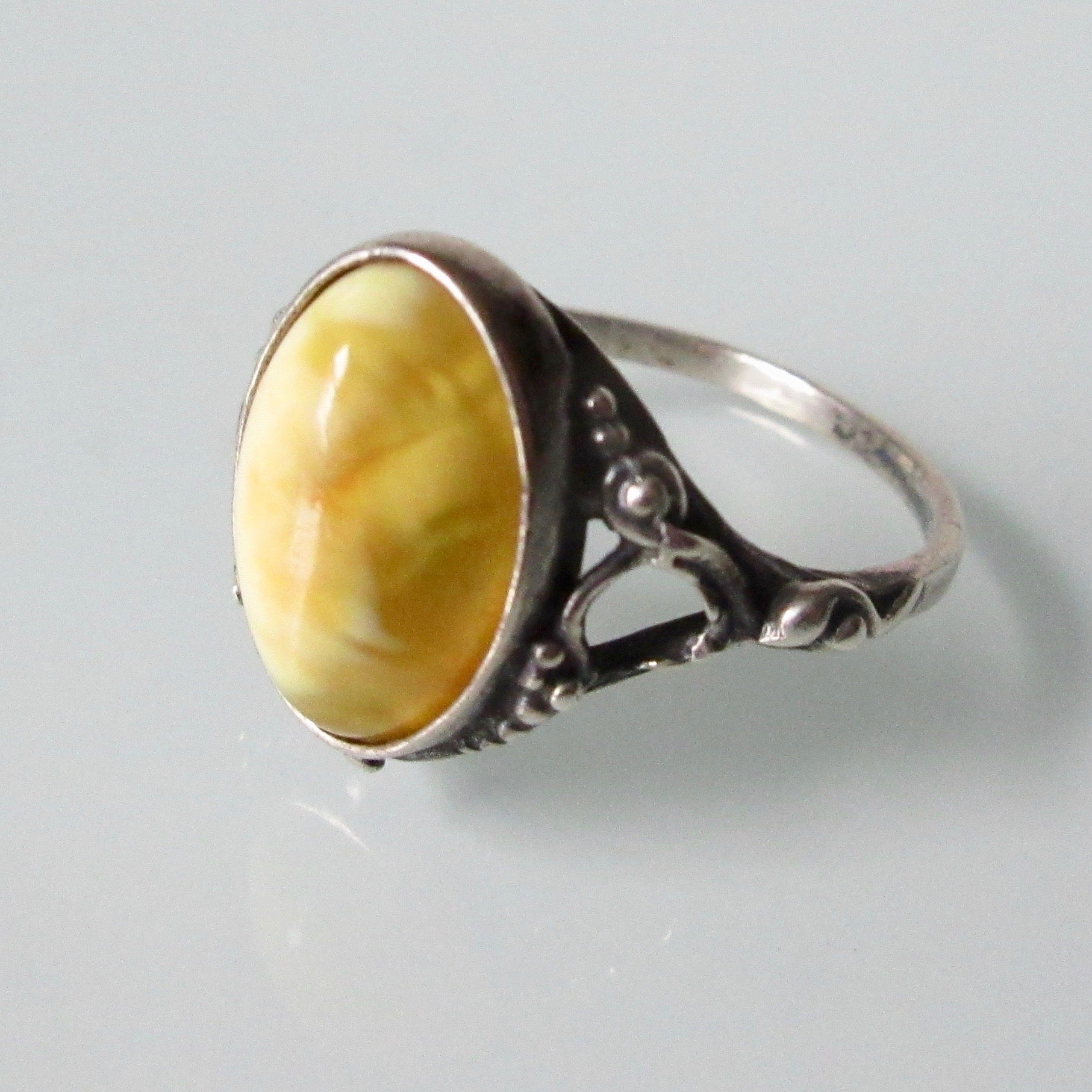 Butterscotch Amber Silver Art Nouveau Ring