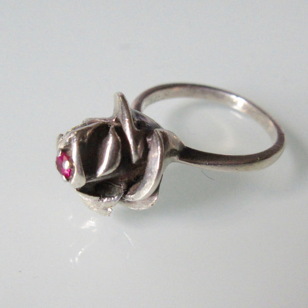 Rose Flower With Red Stone Ring