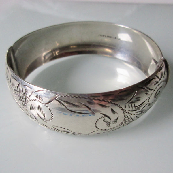 Vintage Etched Silver Hinged Cuff