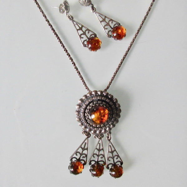 Amber and Silver Pendant and Earring Set
