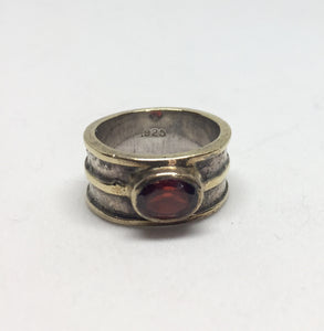 Modernist Silver Gold Edge and Red Stone Ring