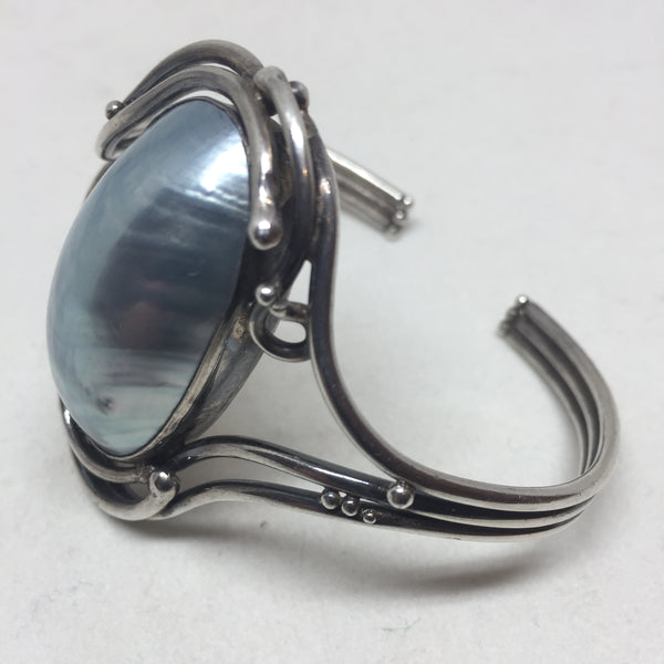 Silver Cuff Grey Blue Mabe Pearl Art Nouveau Style