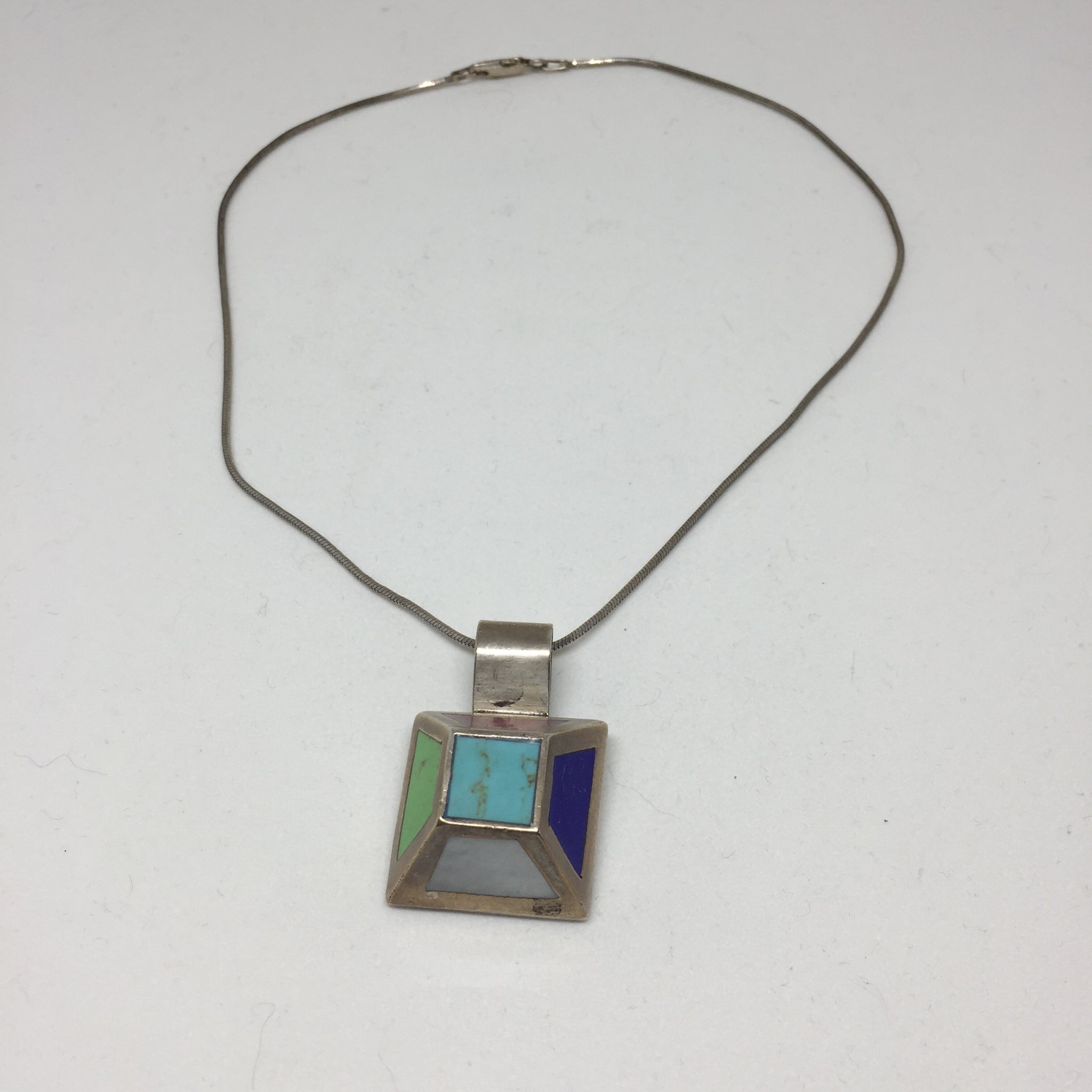 Silver Tapered Cube Pendant with Stone Insets