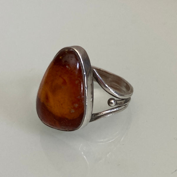 Amber Pear Shape Sterling Silver Ring